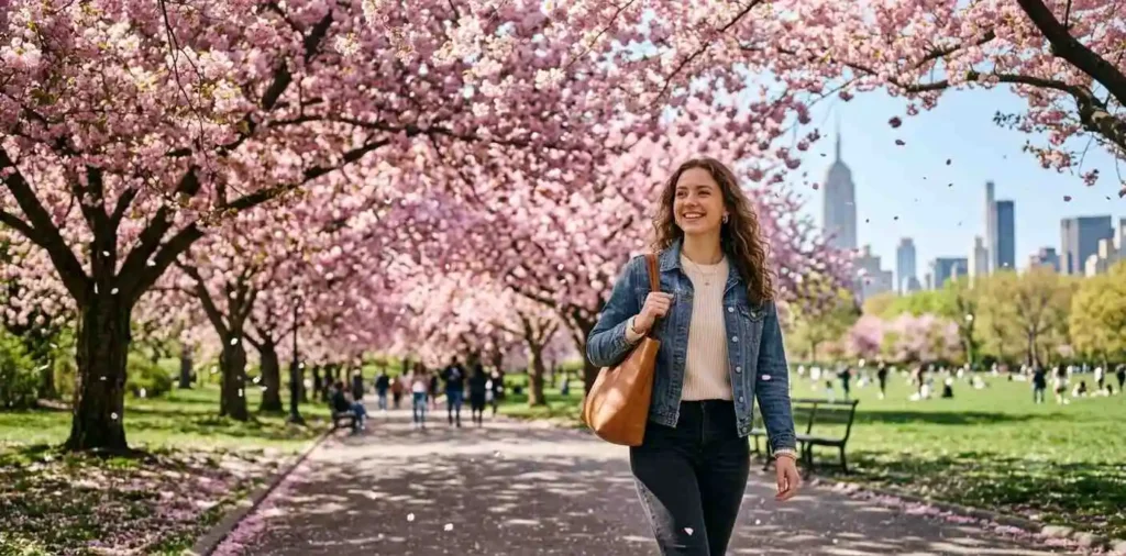 Woman walking beneath blooming cherry blossom trees