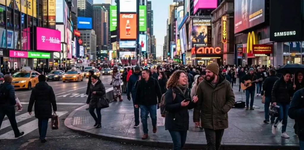 People walking through Times Square streets