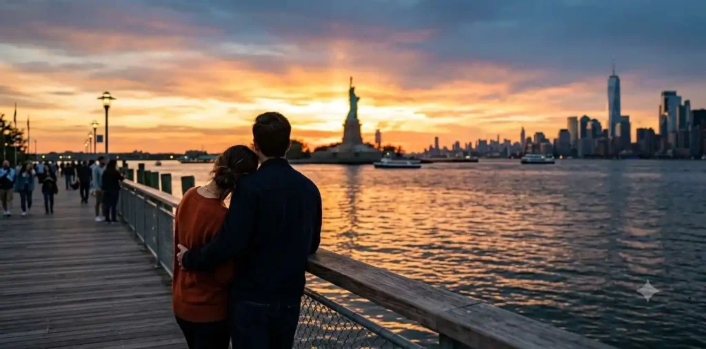 Travelers watching sunset near Statue of Liberty