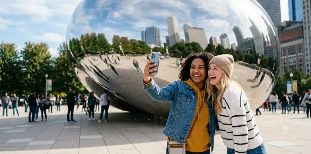 Friends taking selfies beside Cloud Gate