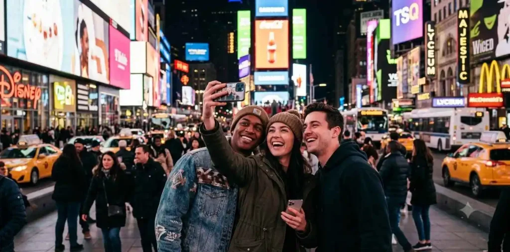 Friends taking selfie in Times Square