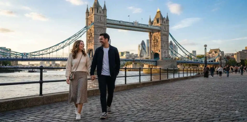 Couple walking beside Tower Bridge