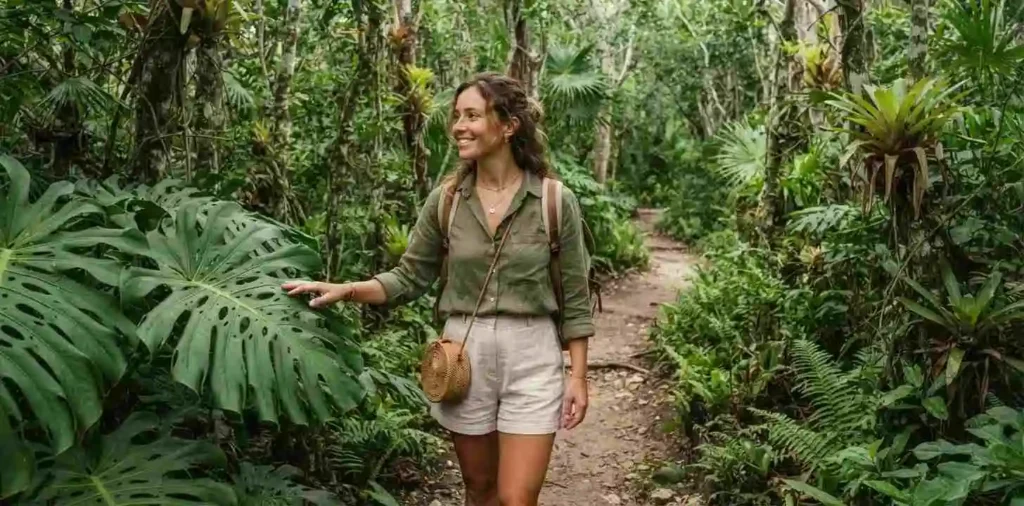 Traveler walking through lush Tulum jungle