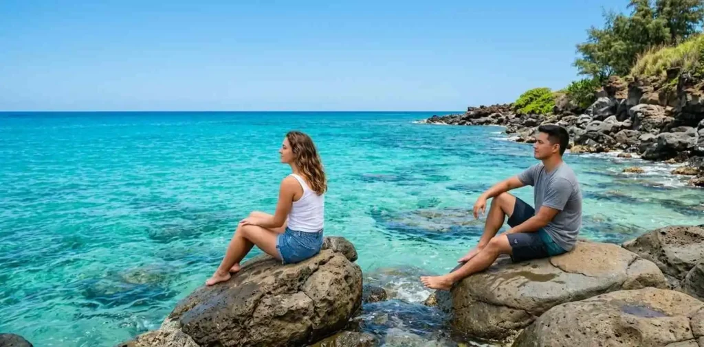 Couple sitting beside turquoise Hawaiian water
