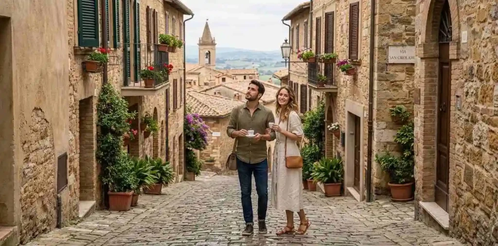 Traveler walking through Tuscan hilltop town