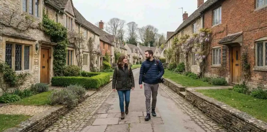 Travelers walking through an English village
