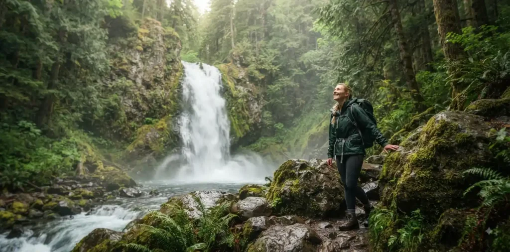 Hiker admiring a Washington forest waterfall