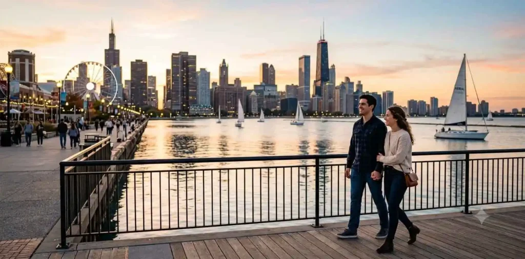 Friends walking beside Chicago's waterfront