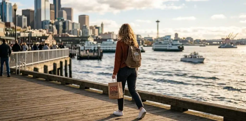 Traveler walking beside Seattle waterfront