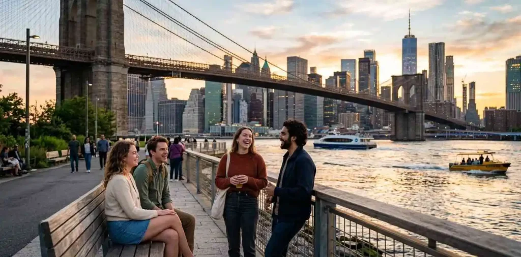 Friends relaxing beside Brooklyn waterfront