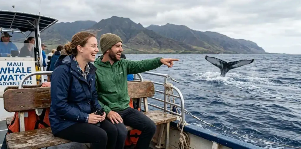 Couple watching whales from Maui boa