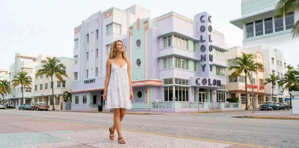Woman admiring Miami Art Deco buildings