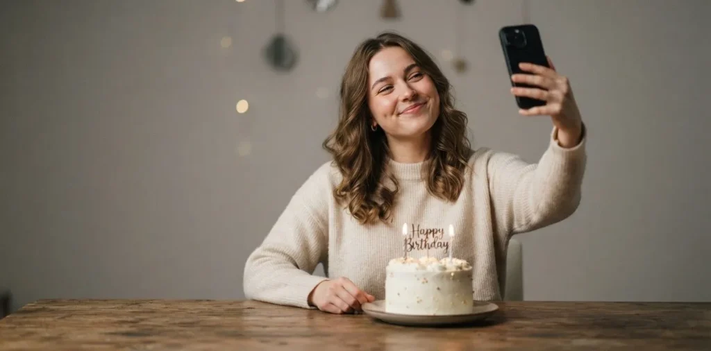 Birthday girl taking selfie with cake