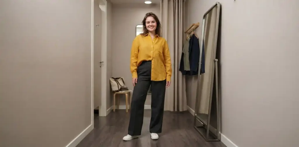 Woman embracing natural body in casual outfit