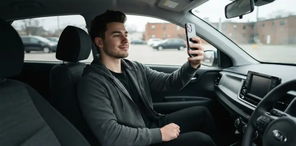 Man taking selfie inside parked car