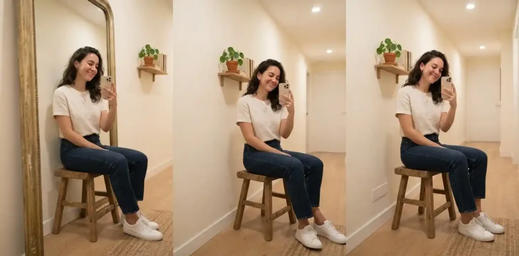 Woman posing casually for mirror photo indoors