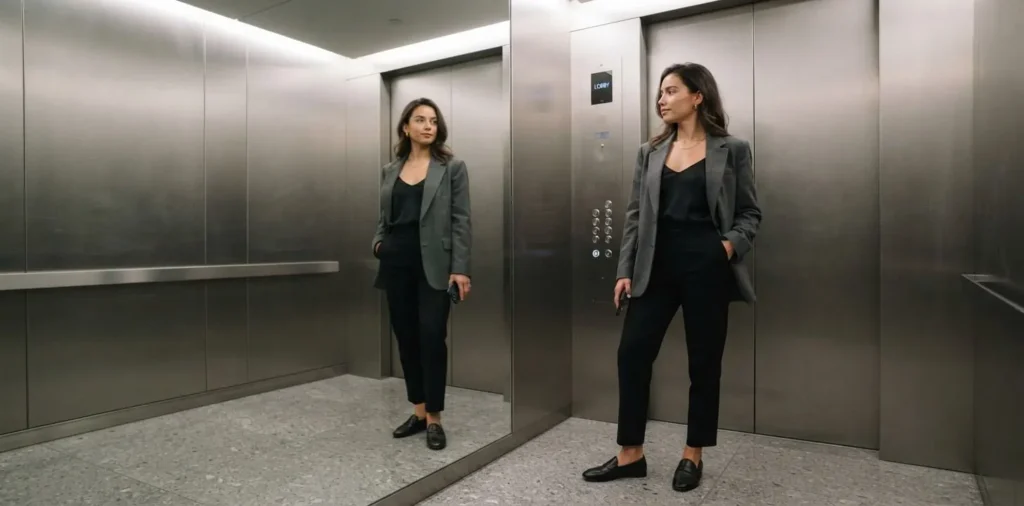 Woman posing elegantly inside elevator mirror