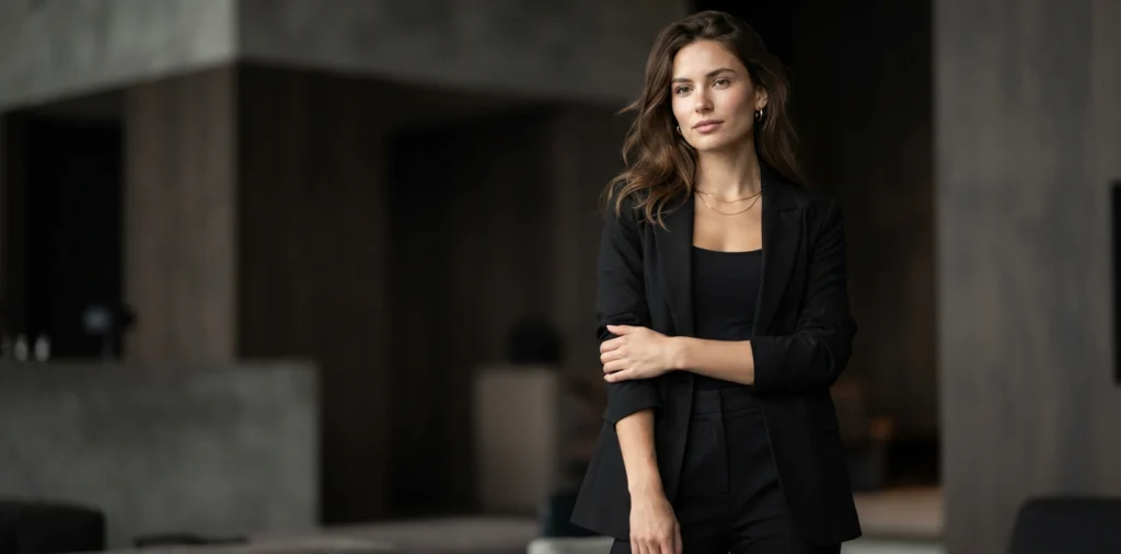 Confident woman posing in modern interior
