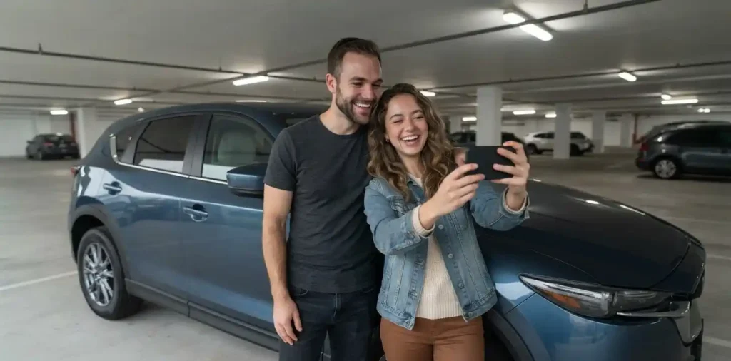 Couple smiling together inside parked car
