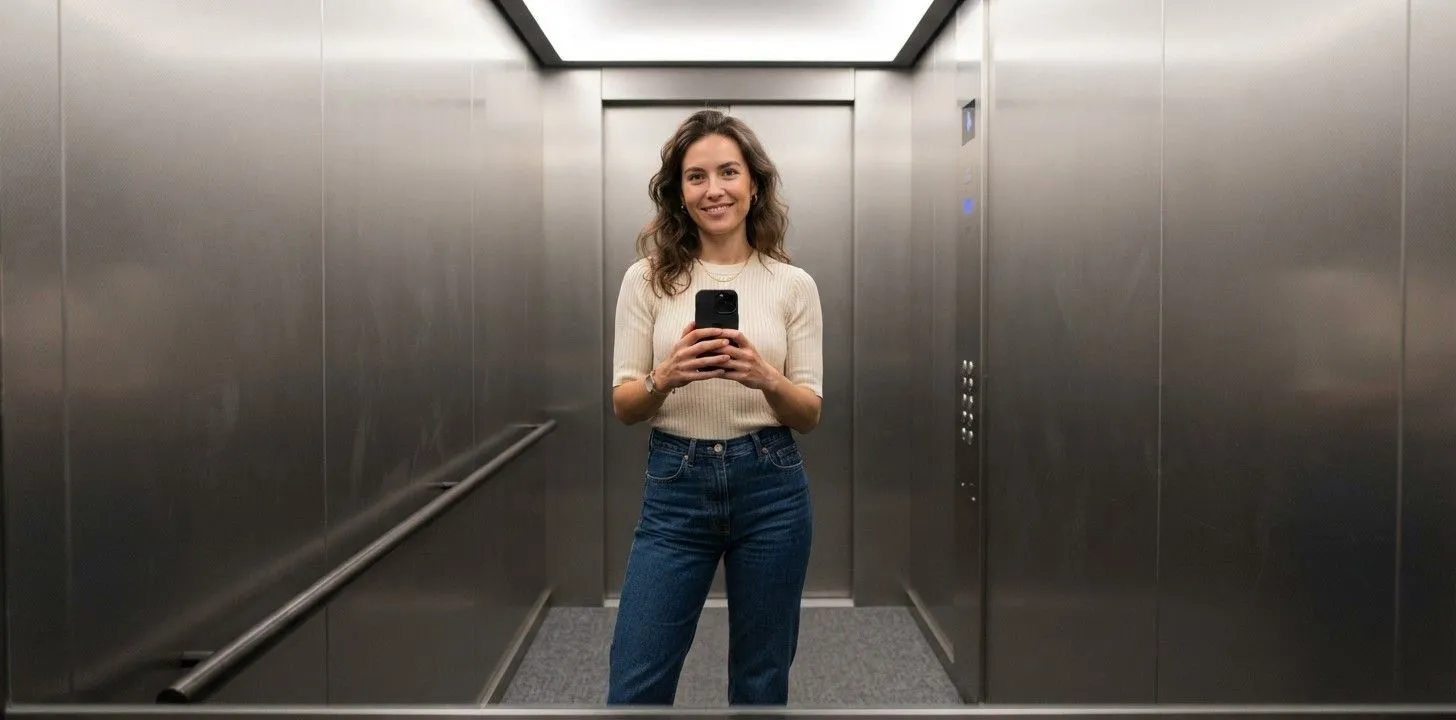 Woman taking selfie inside modern elevator