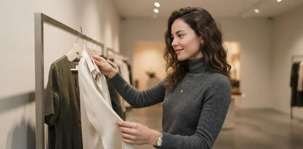 Woman choosing clothes inside modern fashion store