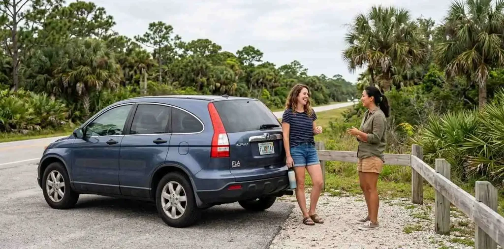 Friends stopping beside a Florida highway