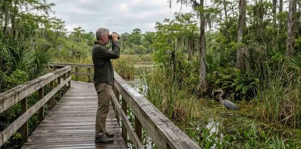 Woman observing wildlife beside Florida wetlands