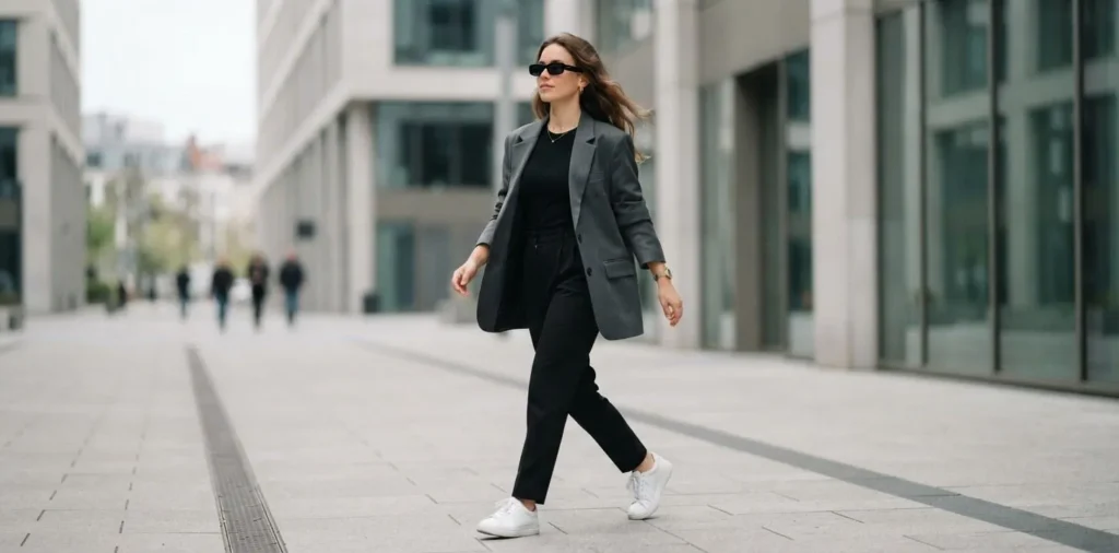 Woman walking confidently through modern city