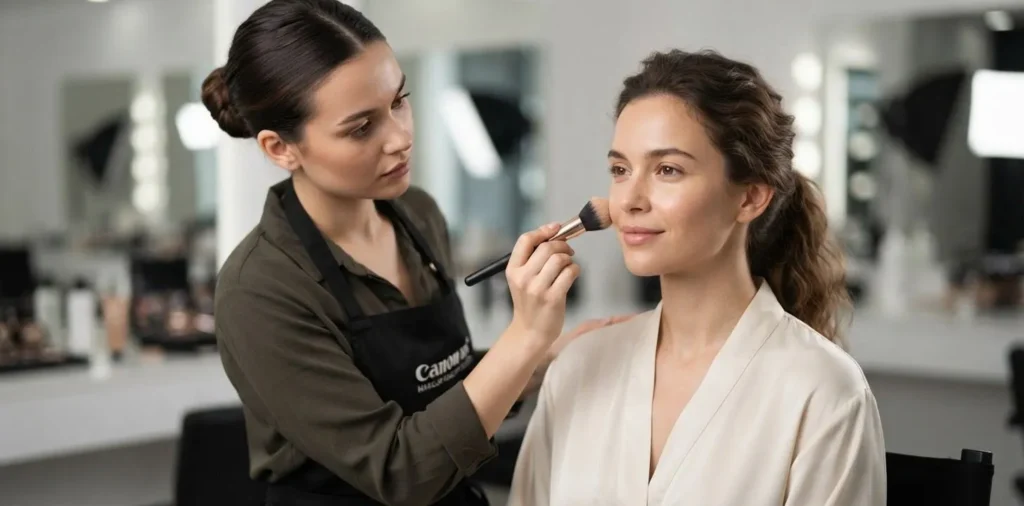 Makeup artist applying foundation to client