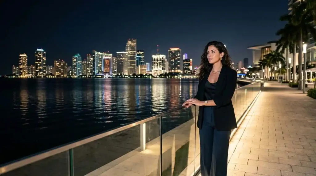 Woman admiring Miami skyline lights at night