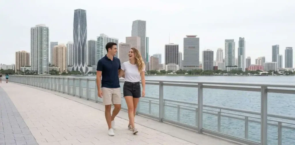 Couple walking beside Miami skyline