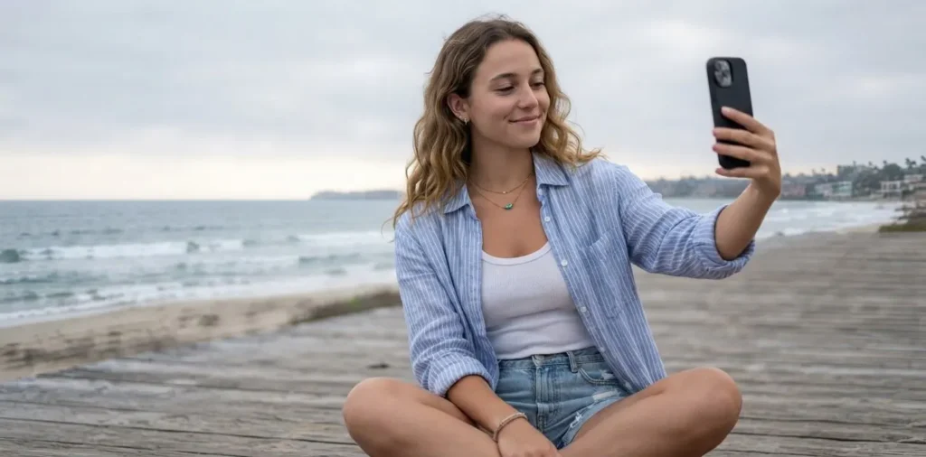 Woman taking selfie beside ocean shoreline
