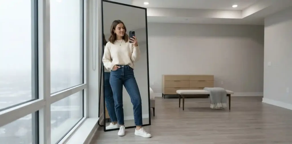 Woman showing outfit beside a large indoor window