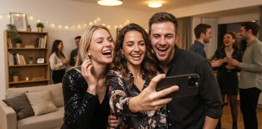 Friends taking a selfie at an indoor party