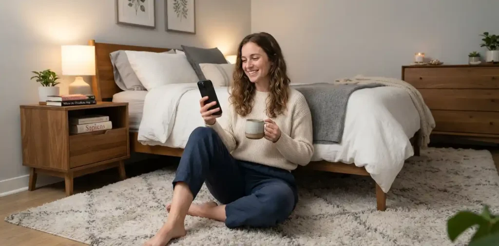 Woman relaxing comfortably on bedroom floor