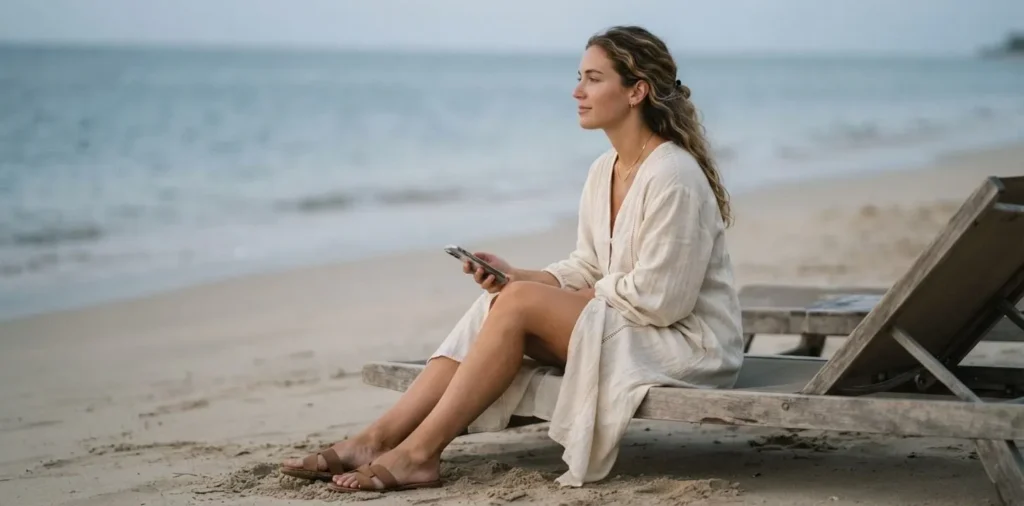 Woman relaxing peacefully on quiet beach