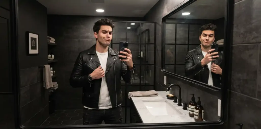 Woman posing confidently in bathroom mirror