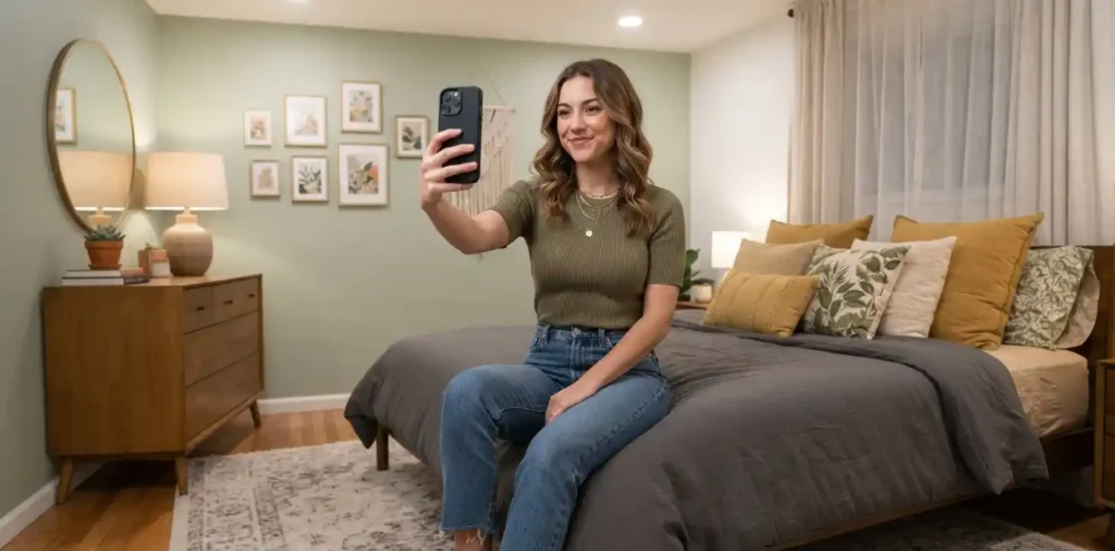 Confident woman posing beside bedroom mirror
