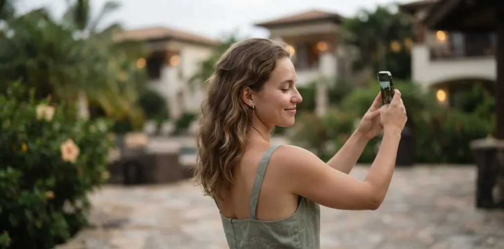 Woman taking vacation selfie near scenic resort