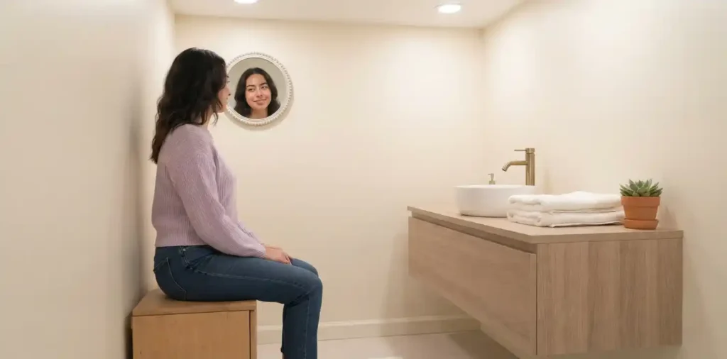 Woman smiling at herself in bathroom mirror