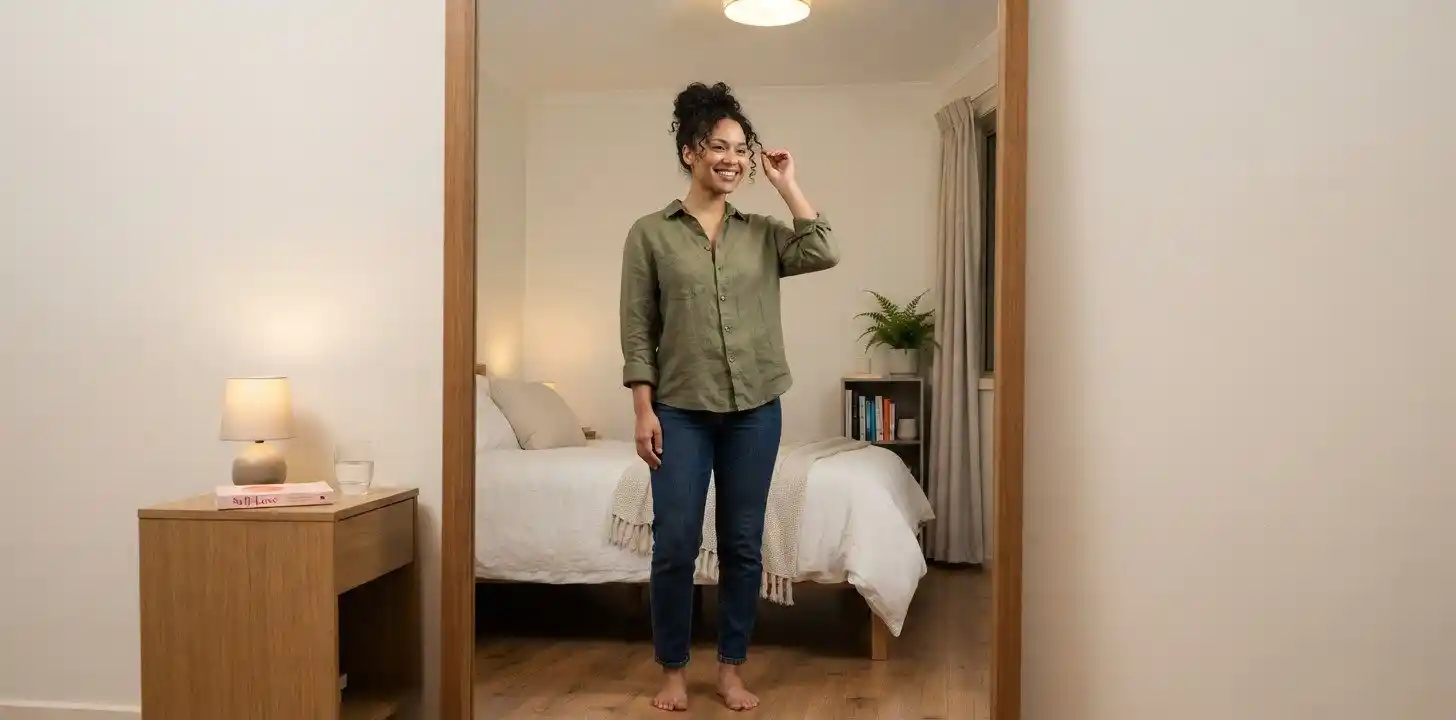 Woman smiling confidently in simple bedroom
