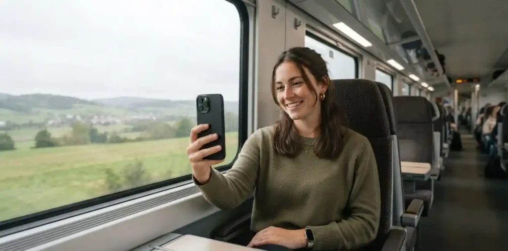 Traveler taking selfie beside train window