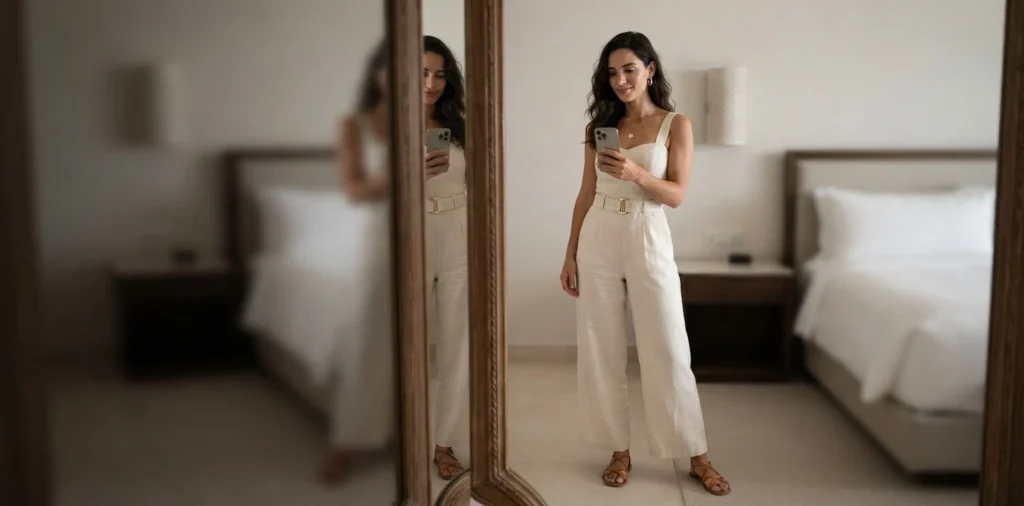 Woman showing vacation outfit in resort mirror