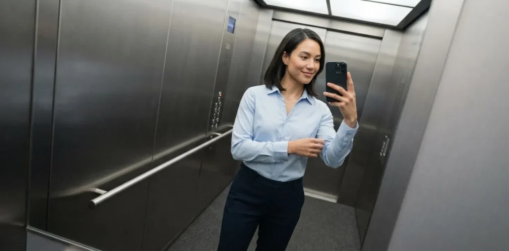 Professional woman taking elevator workday selfie